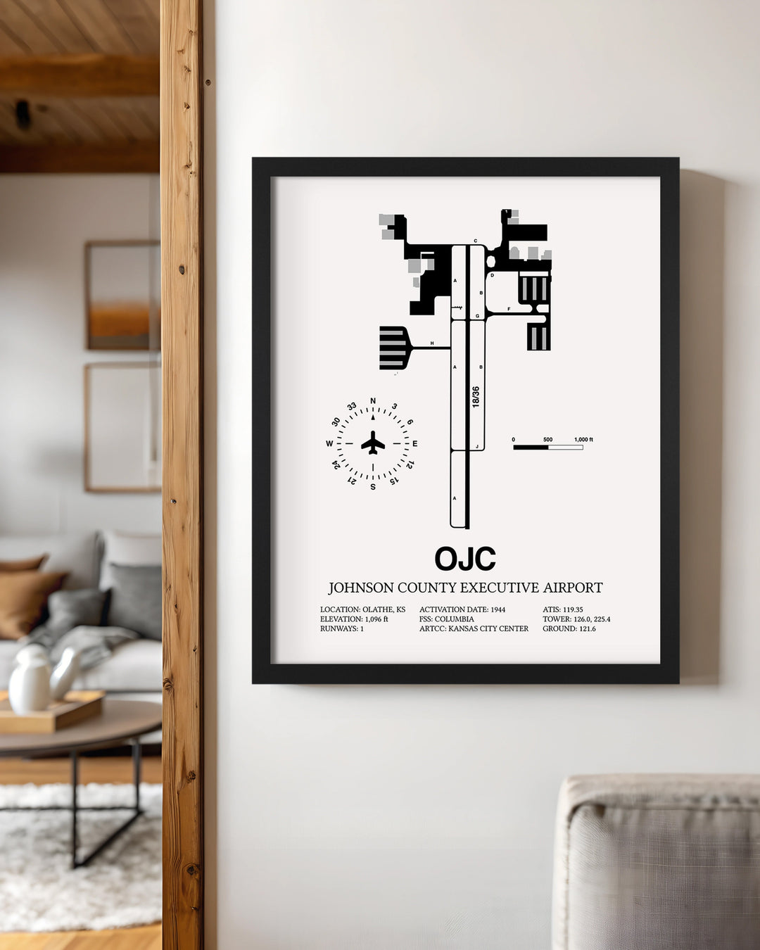 Framed Detailed Airport Map of Johnson County Executive Airport (OJC) in White with a Black Frame