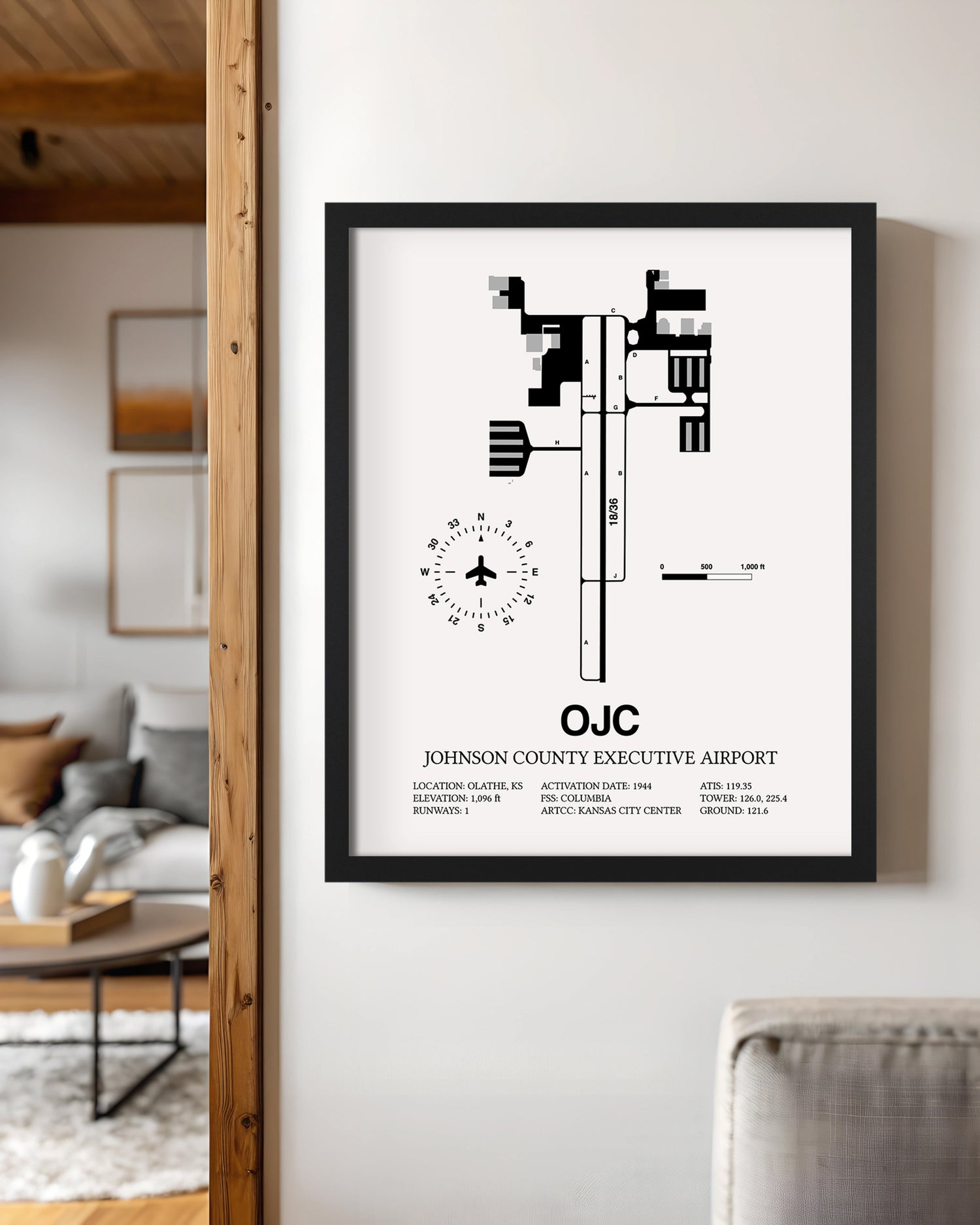 Framed Detailed Airport Map of Johnson County Executive Airport (OJC) in White with a Black Frame