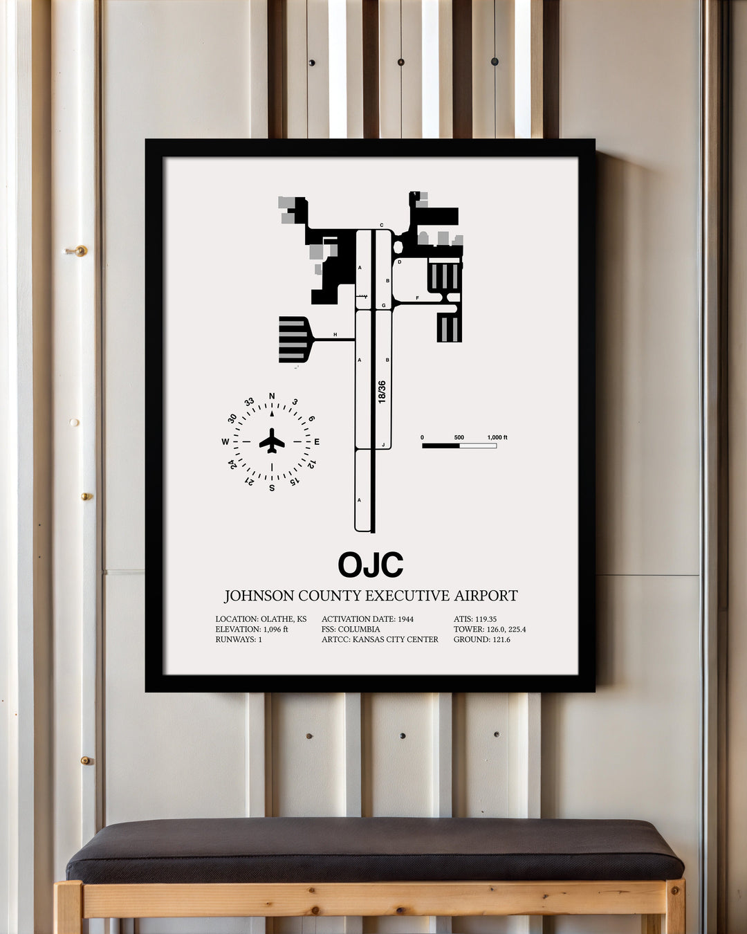 Framed Detailed Airport Map of Johnson County Executive Airport (OJC) in White with a Black Frame