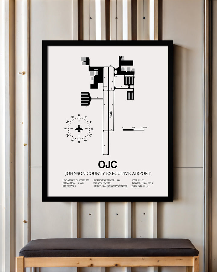 Framed Detailed Airport Map of Johnson County Executive Airport (OJC) in White with a Black Frame