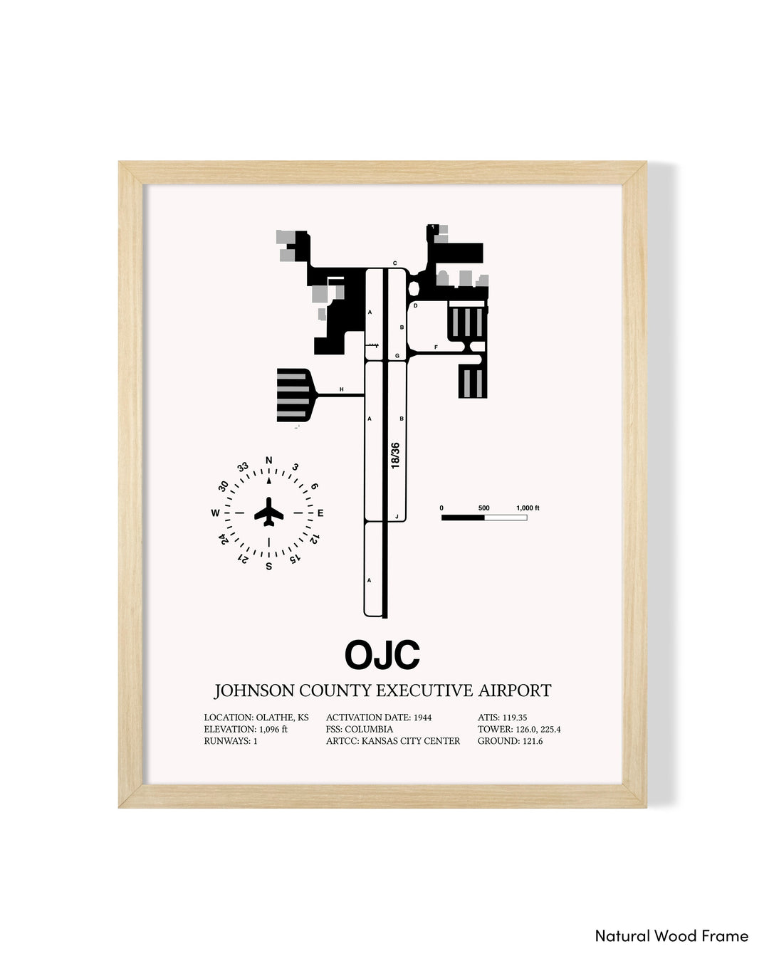 Detailed Airport Map of Johnson County Executive Airport (OJC) in White with a Natural Frame