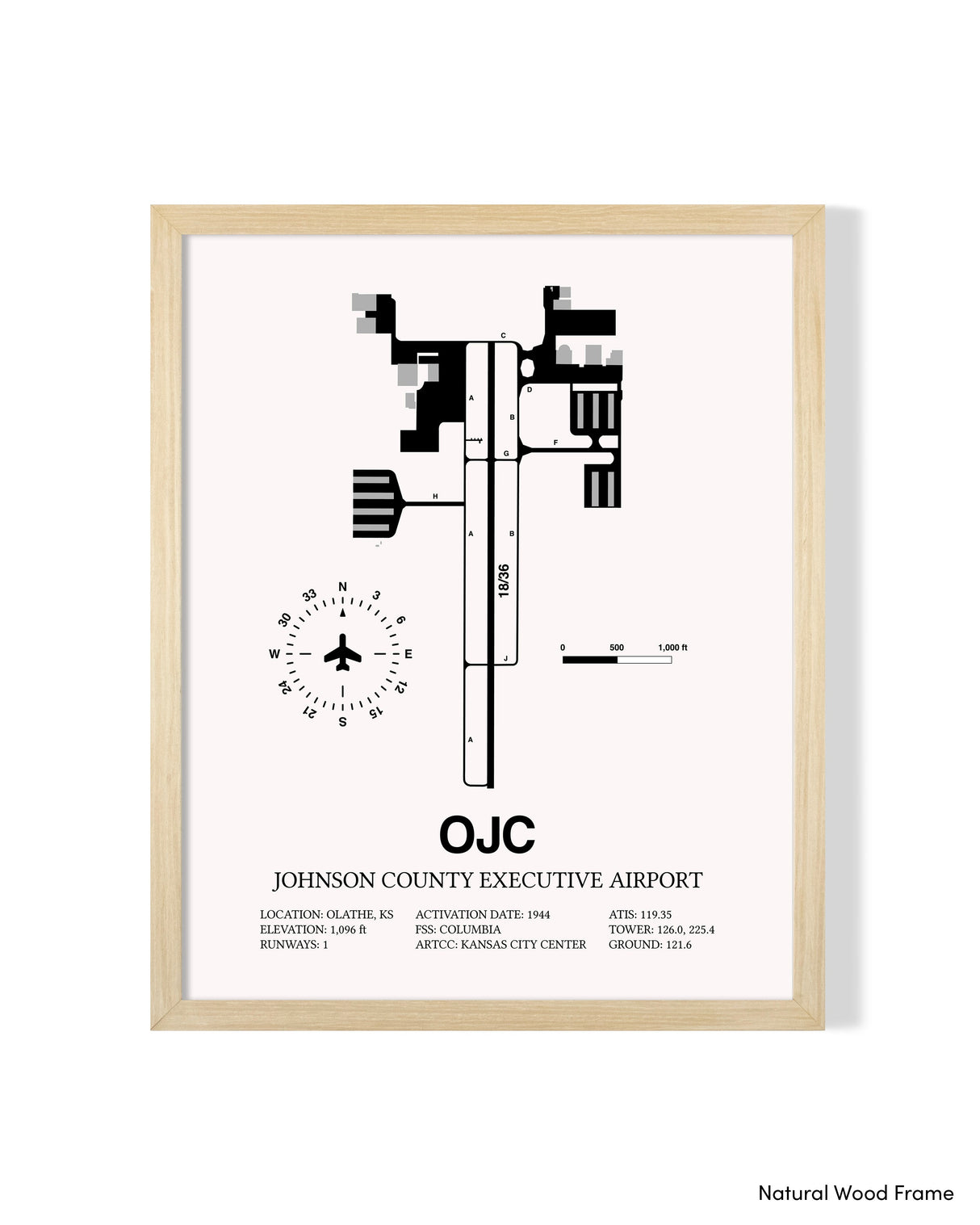 Detailed Airport Map of Johnson County Executive Airport (OJC) in White with a Natural Frame