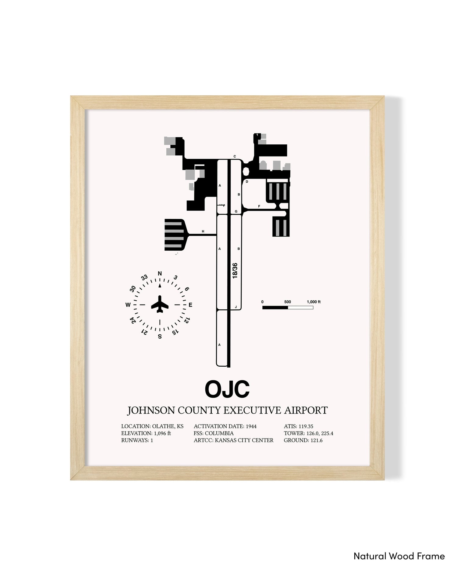 Detailed Airport Map of Johnson County Executive Airport (OJC) in White with a Natural Frame