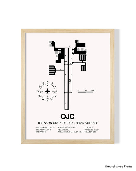 Detailed Airport Map of Johnson County Executive Airport (OJC) in White with a Natural Frame