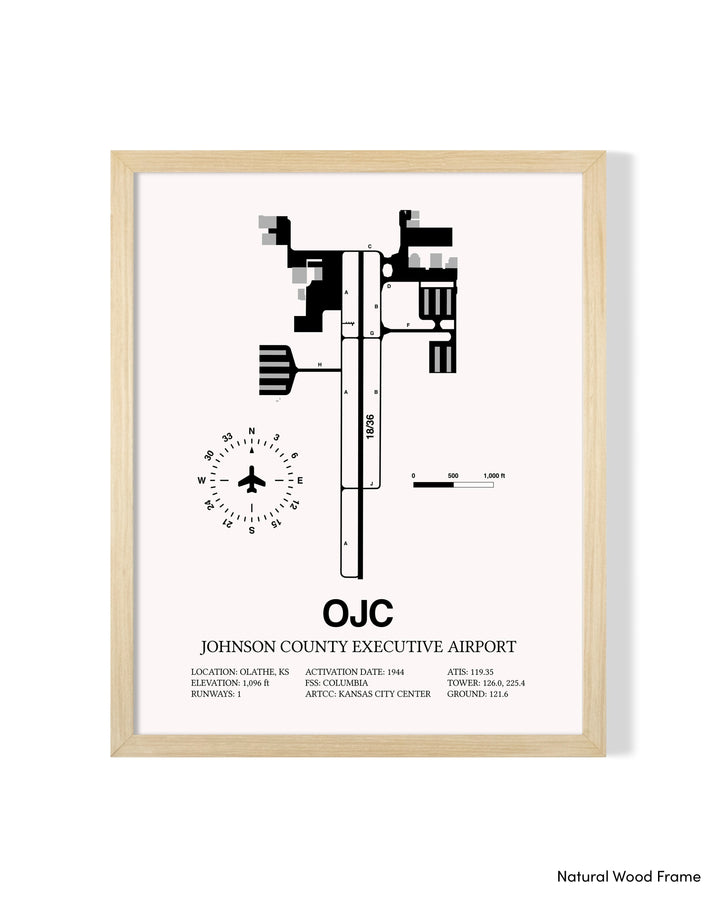 Detailed Airport Map of Johnson County Executive Airport (OJC) in White with a Natural Frame