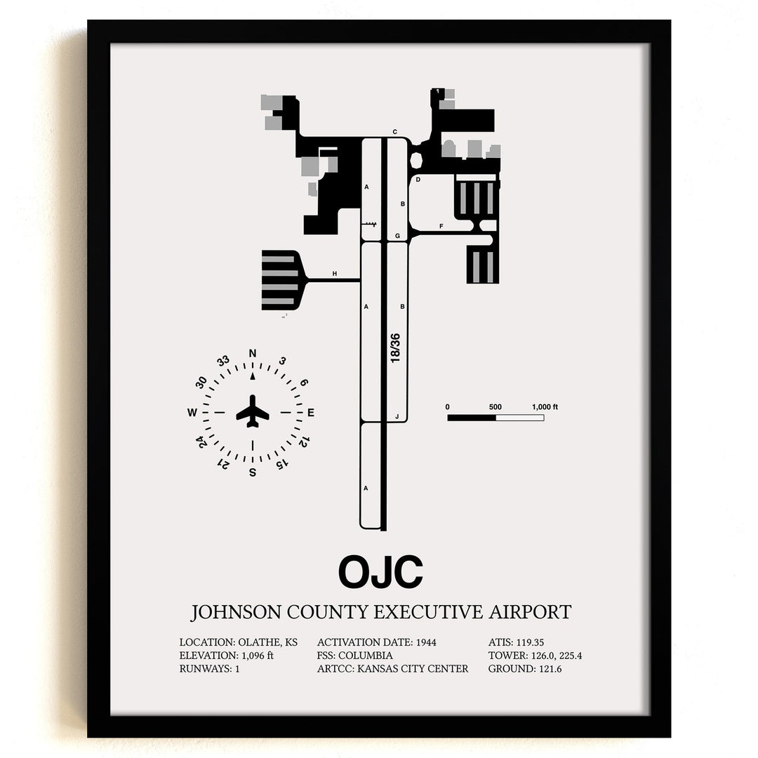 Framed Detailed Airport Map of Johnson County Executive Airport (OJC) in White with a Black Frame