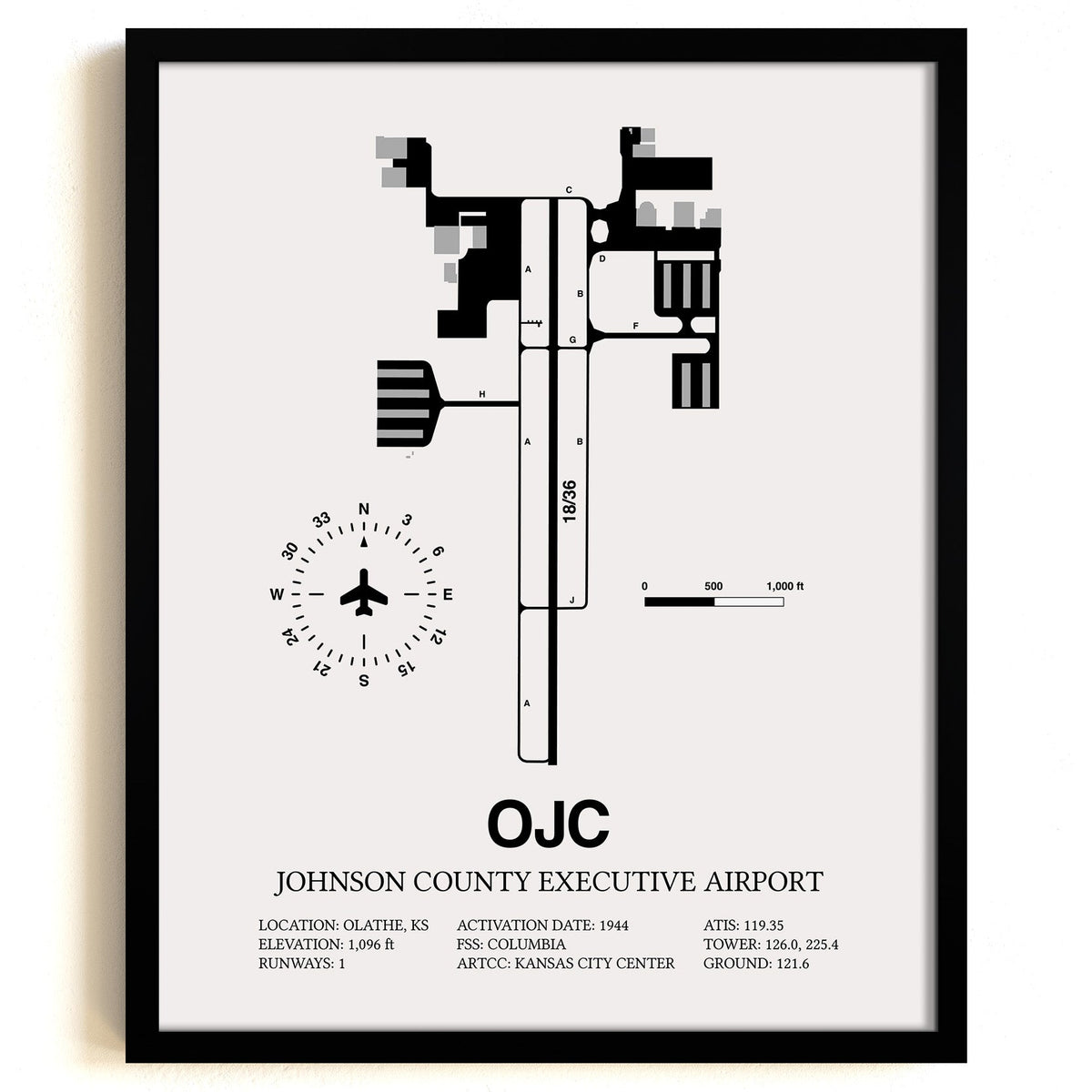 Framed Detailed Airport Map of Johnson County Executive Airport (OJC) in White with a Black Frame