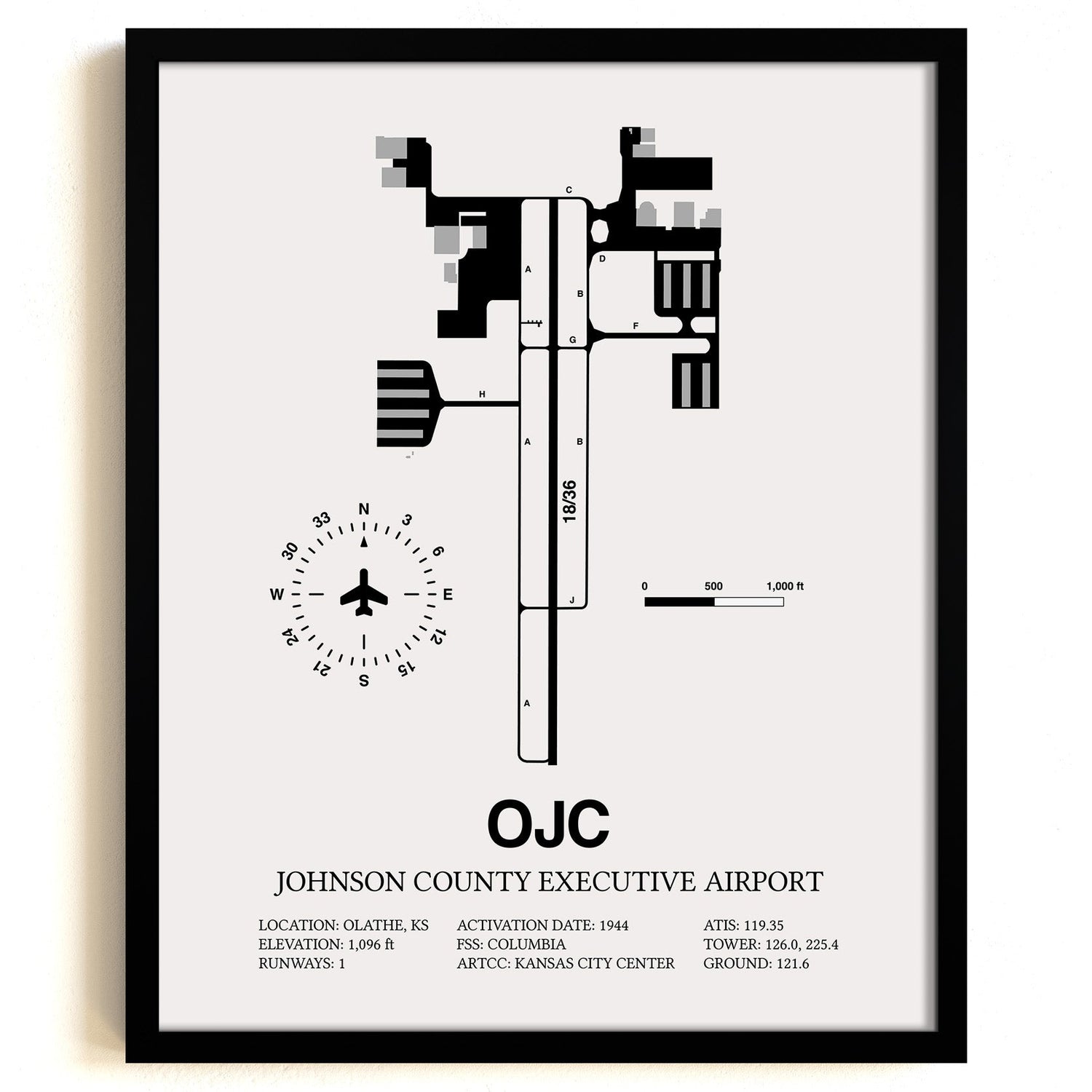 Framed Detailed Airport Map of Johnson County Executive Airport (OJC) in White with a Black Frame