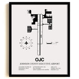 Framed Detailed Airport Map of Johnson County Executive Airport (OJC) in White with a Black Frame