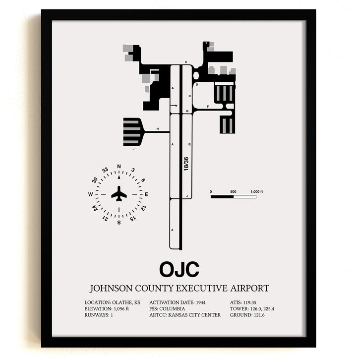 Framed Detailed Airport Map of Johnson County Executive Airport (OJC) in White with a Black Frame