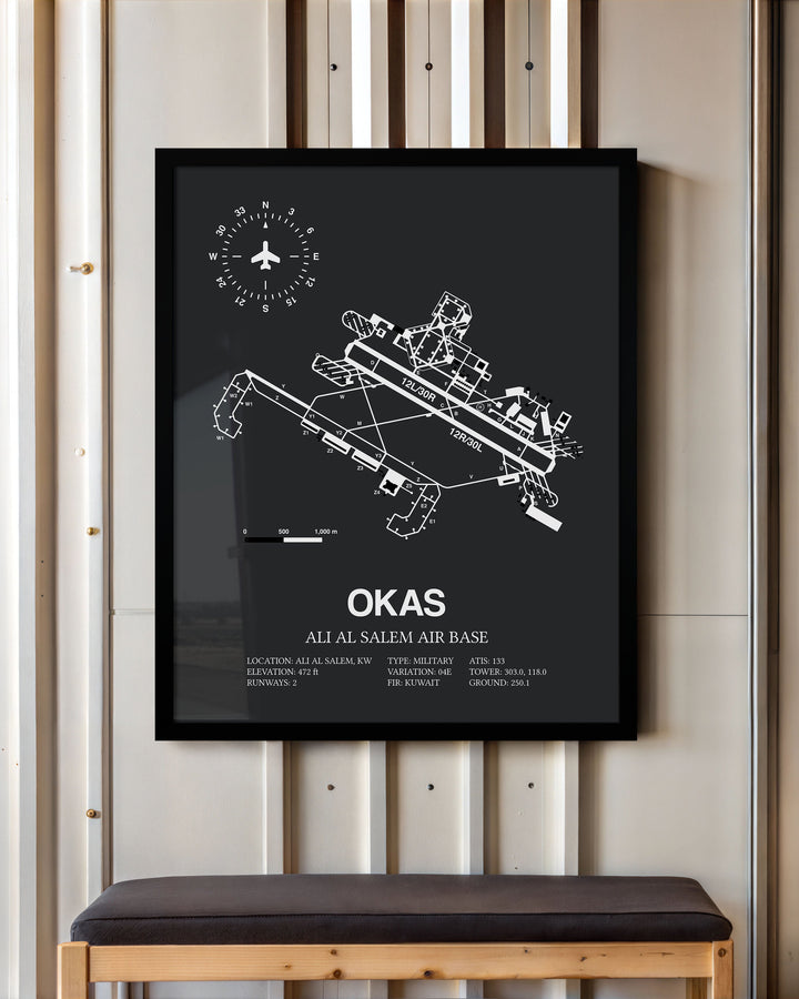 Framed Detailed Airport Map of Ali Al Salem Air Base (OKAS) in Gray with a Black Frame