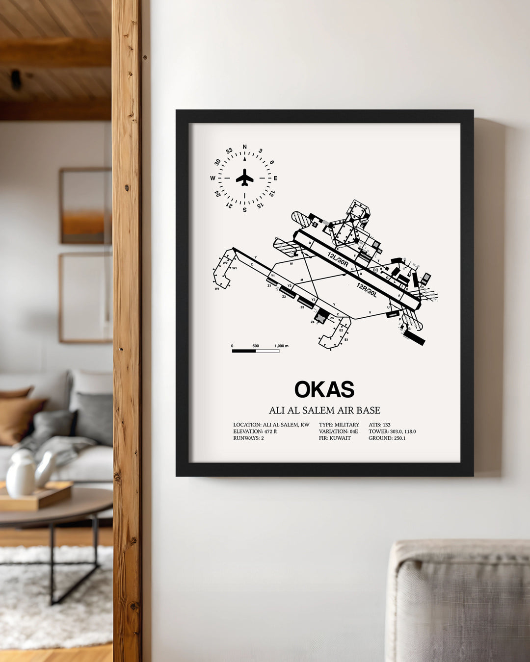 Framed Detailed Airport Map of Ali Al Salem Air Base (OKAS) in White with a Black Frame