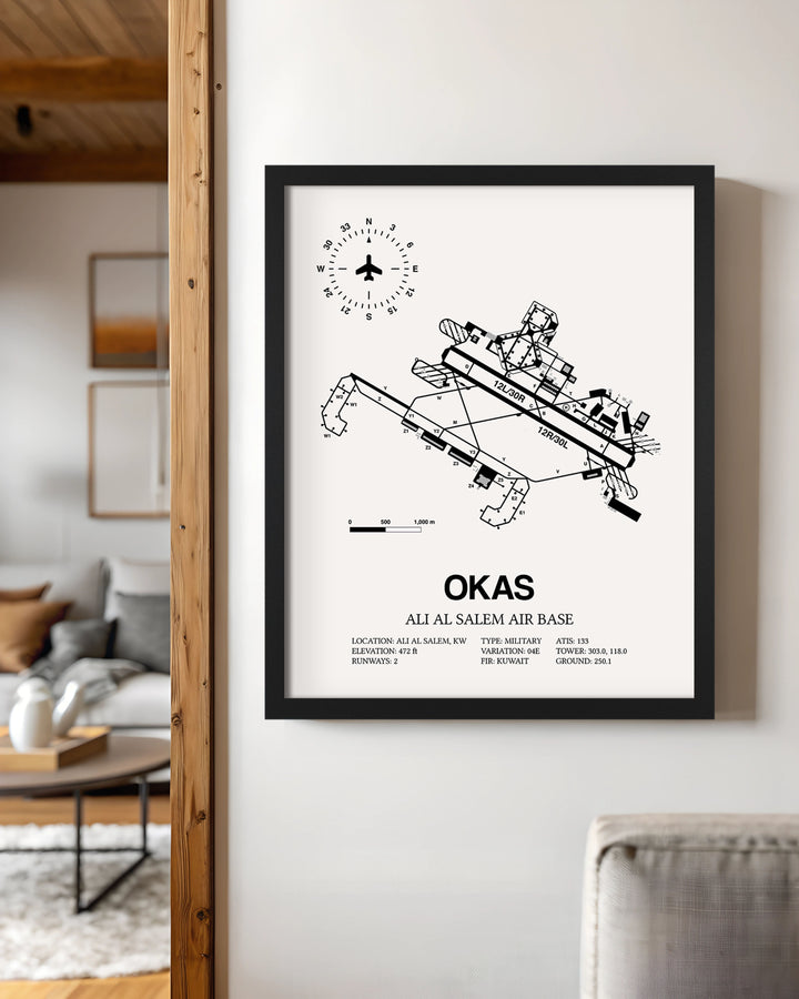 Framed Detailed Airport Map of Ali Al Salem Air Base (OKAS) in White with a Black Frame