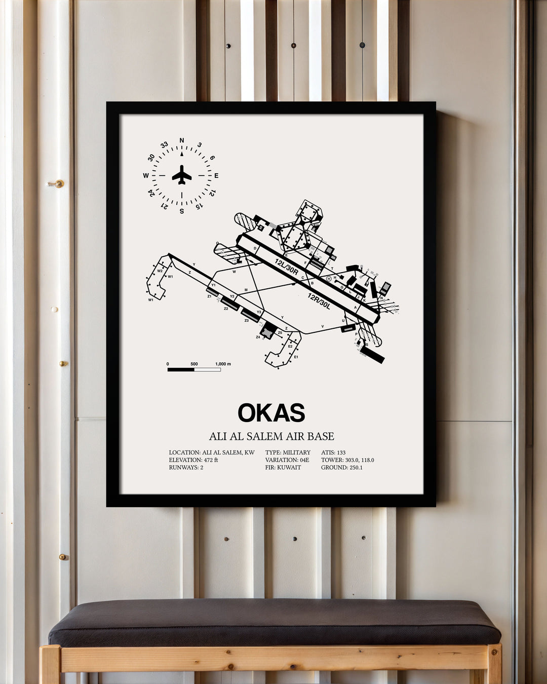Framed Detailed Airport Map of Ali Al Salem Air Base (OKAS) in White with a Black Frame