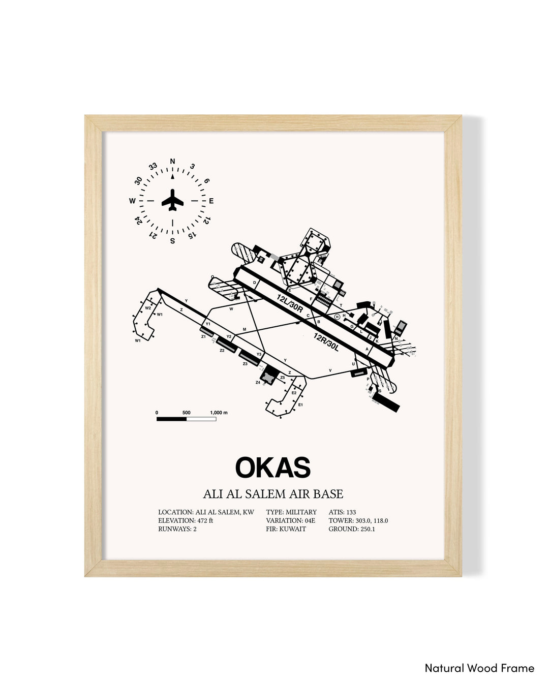 Detailed Airport Map of Ali Al Salem Air Base (OKAS) in White with a Natural Frame