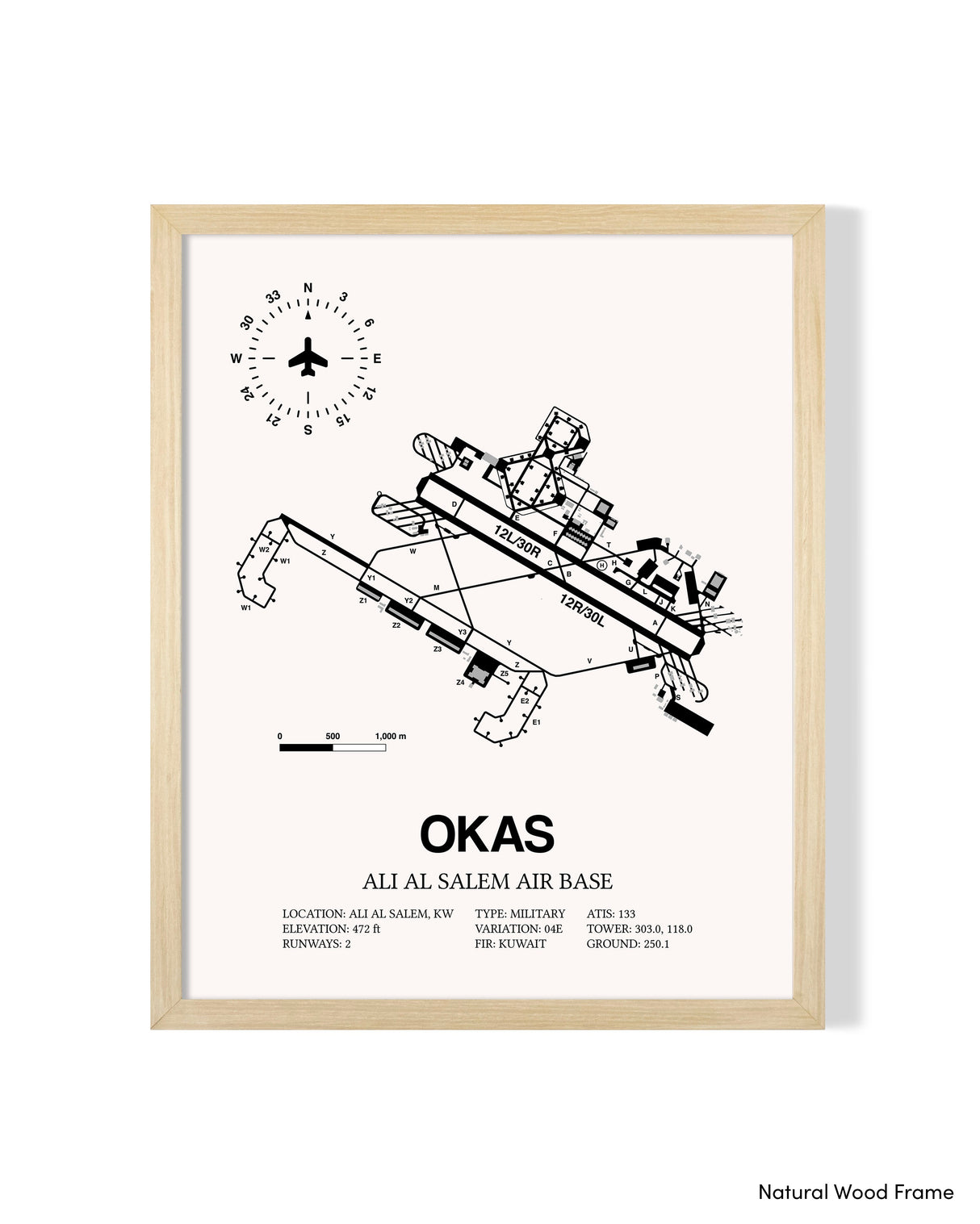 Detailed Airport Map of Ali Al Salem Air Base (OKAS) in White with a Natural Frame