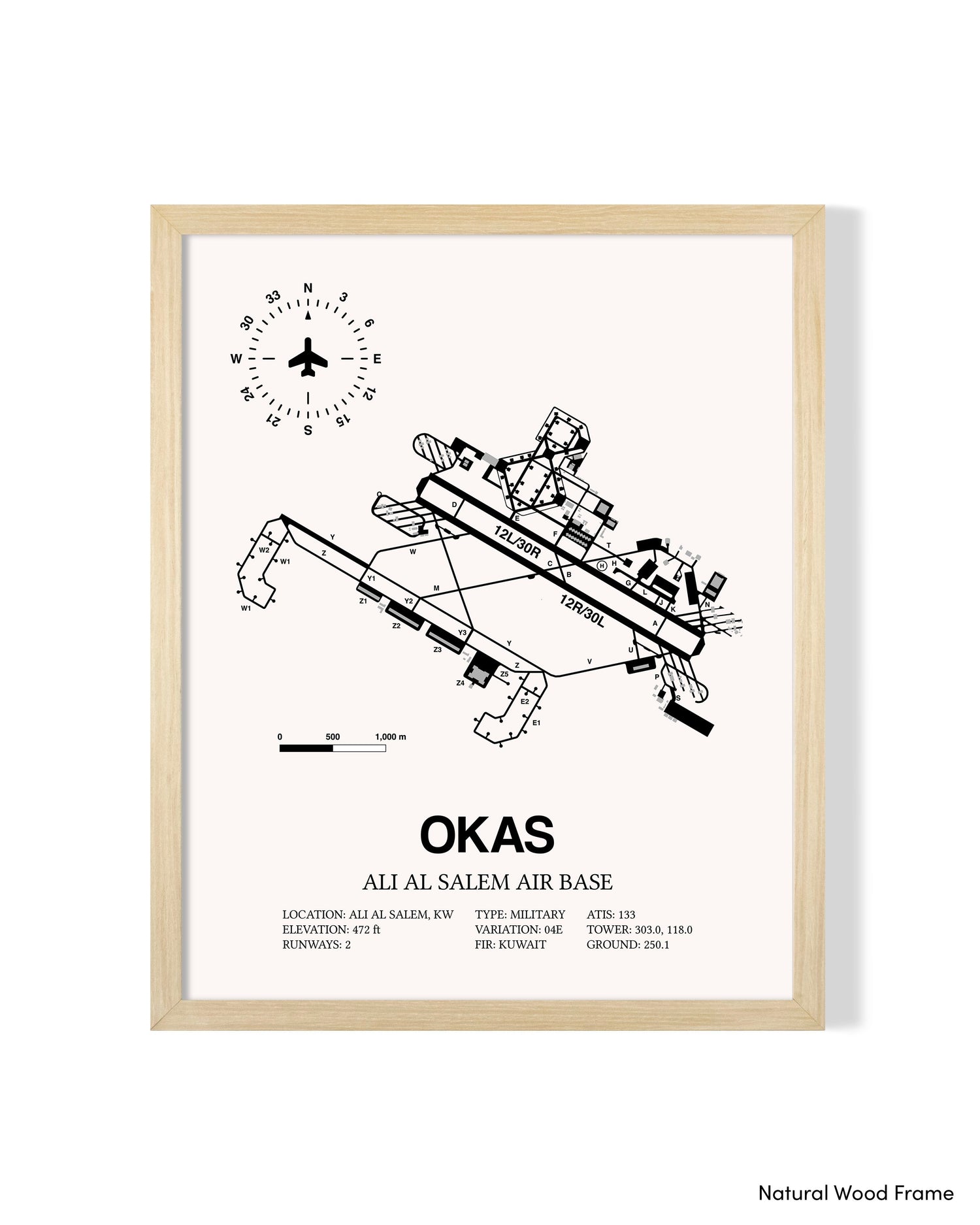 Detailed Airport Map of Ali Al Salem Air Base (OKAS) in White with a Natural Frame