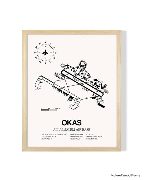 Detailed Airport Map of Ali Al Salem Air Base (OKAS) in White with a Natural Frame