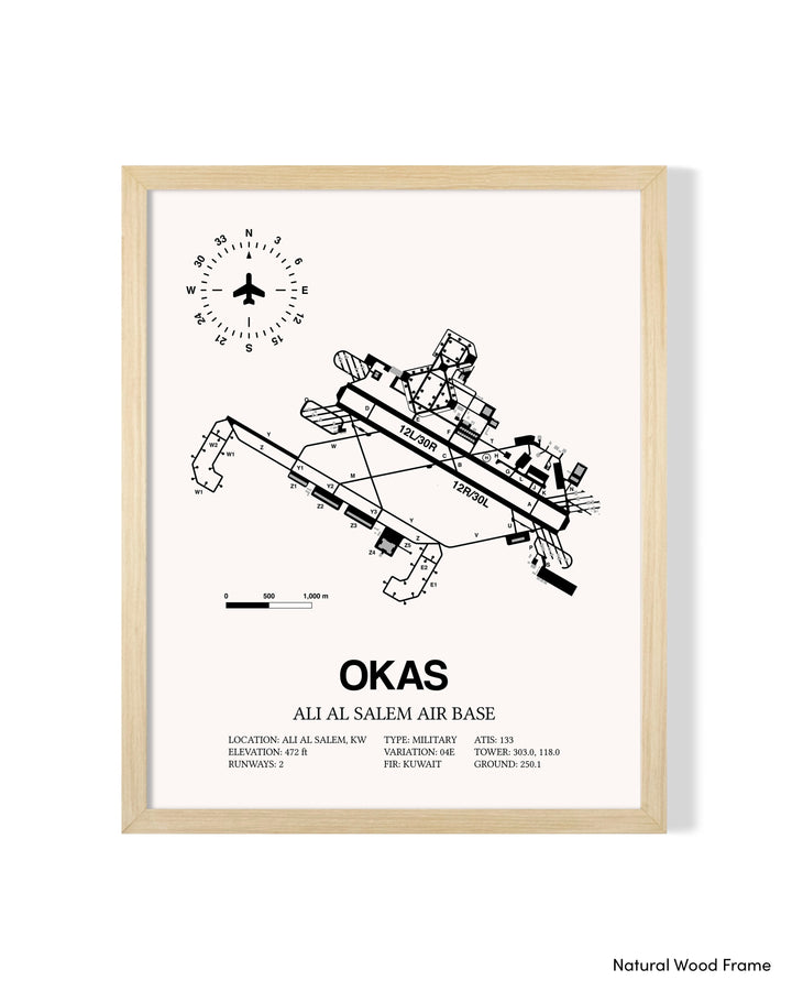 Detailed Airport Map of Ali Al Salem Air Base (OKAS) in White with a Natural Frame