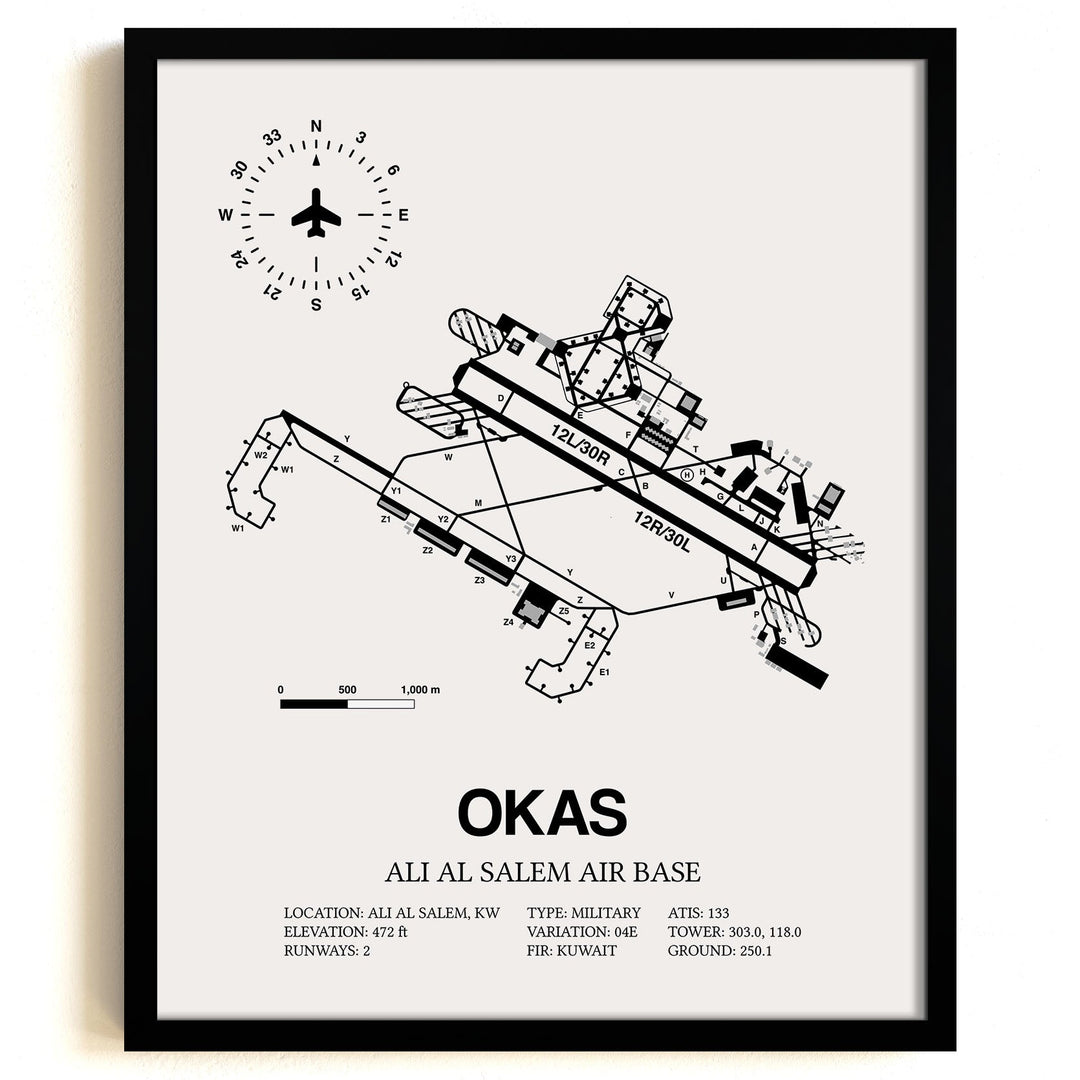Framed Detailed Airport Map of Ali Al Salem Air Base (OKAS) in White with a Black Frame