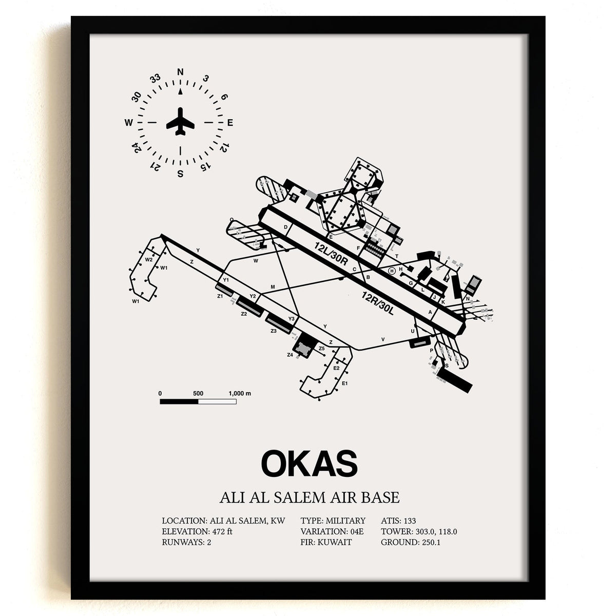 Framed Detailed Airport Map of Ali Al Salem Air Base (OKAS) in White with a Black Frame