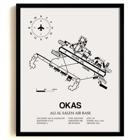 Framed Detailed Airport Map of Ali Al Salem Air Base (OKAS) in White with a Black Frame