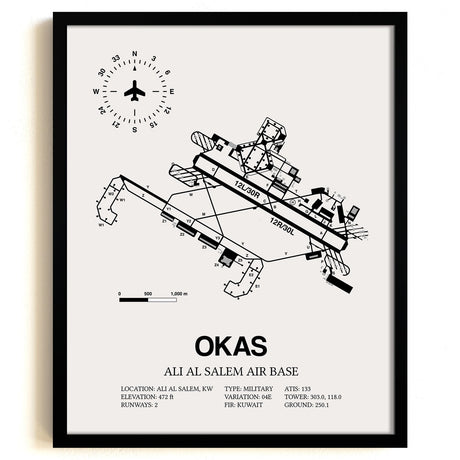 Framed Detailed Airport Map of Ali Al Salem Air Base (OKAS) in White with a Black Frame