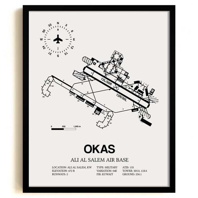 Framed Detailed Airport Map of Ali Al Salem Air Base (OKAS) in White with a Black Frame