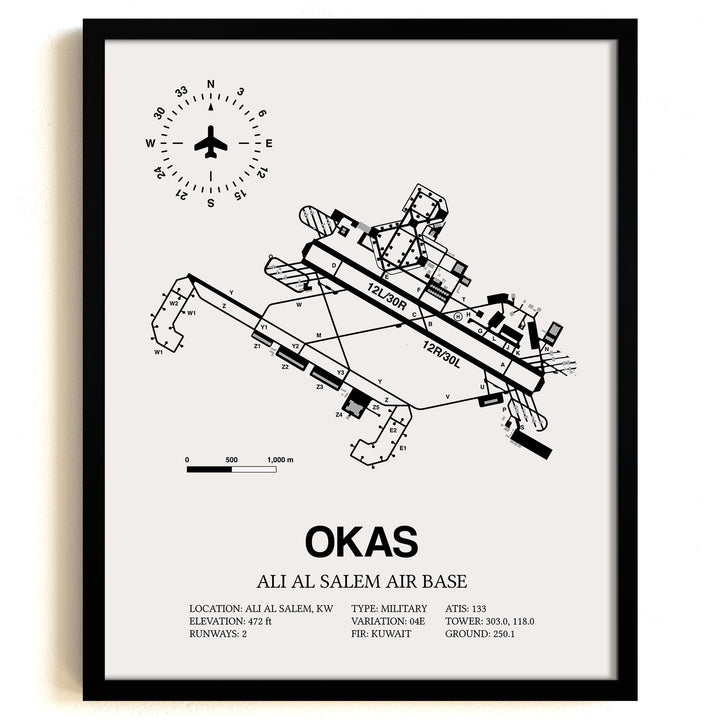 Framed Detailed Airport Map of Ali Al Salem Air Base (OKAS) in White with a Black Frame
