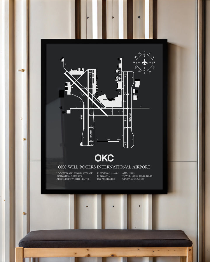 Framed Detailed Airport Map of OKC Will Rogers International Airport (OKC) in Gray with a Black Frame