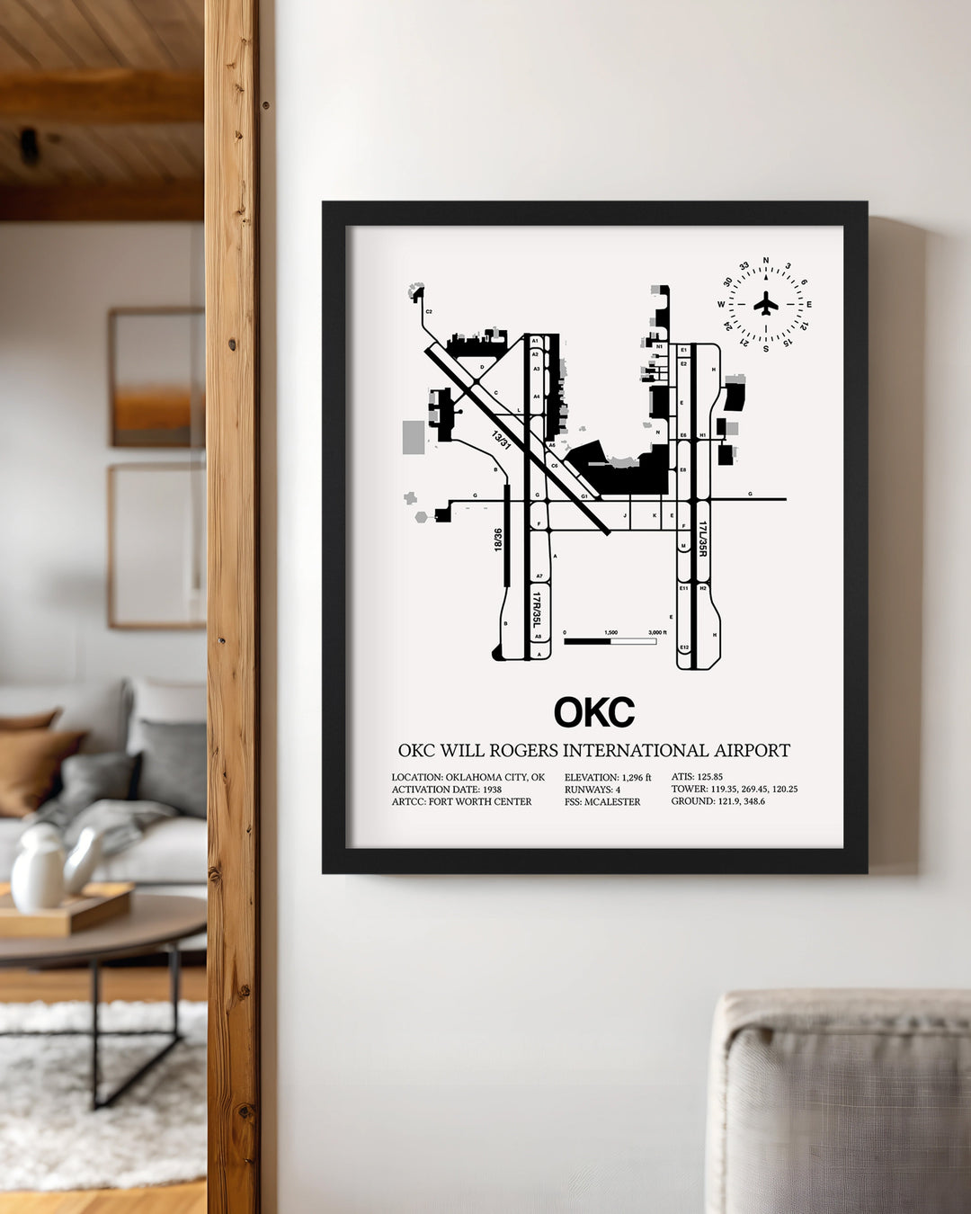 Framed Detailed Airport Map of OKC Will Rogers International Airport (OKC) in White with a Black Frame