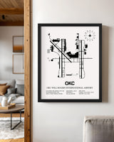 Framed Detailed Airport Map of OKC Will Rogers International Airport (OKC) in White with a Black Frame