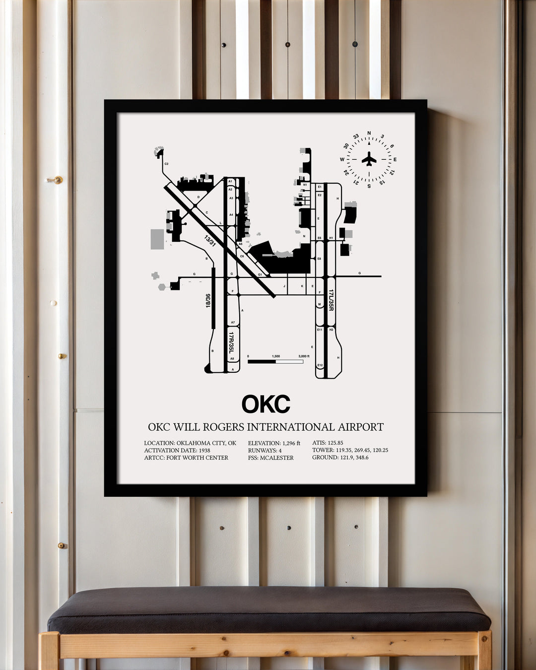 Framed Detailed Airport Map of OKC Will Rogers International Airport (OKC) in White with a Black Frame