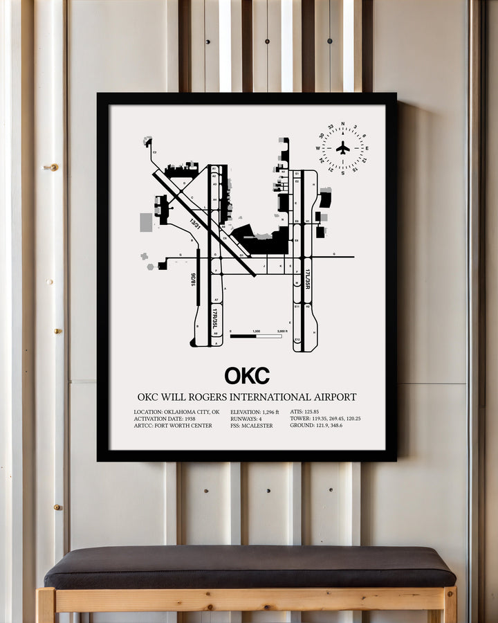 Framed Detailed Airport Map of OKC Will Rogers International Airport (OKC) in White with a Black Frame