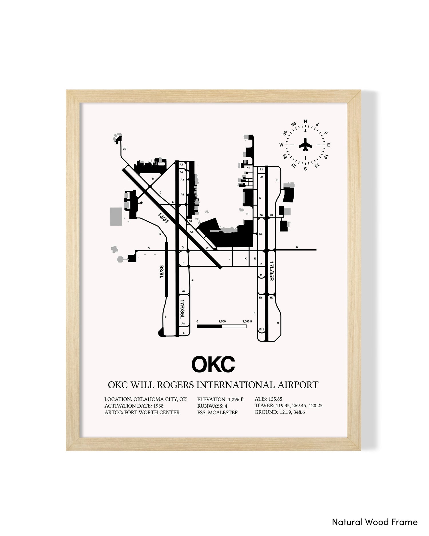 Detailed Airport Map of OKC Will Rogers International Airport (OKC) in White with a Natural Frame