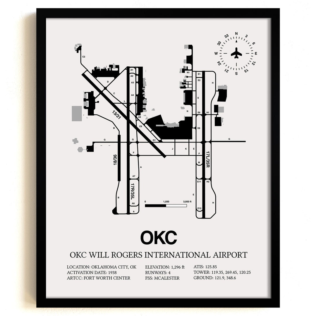 Framed Detailed Airport Map of OKC Will Rogers International Airport (OKC) in White with a Black Frame