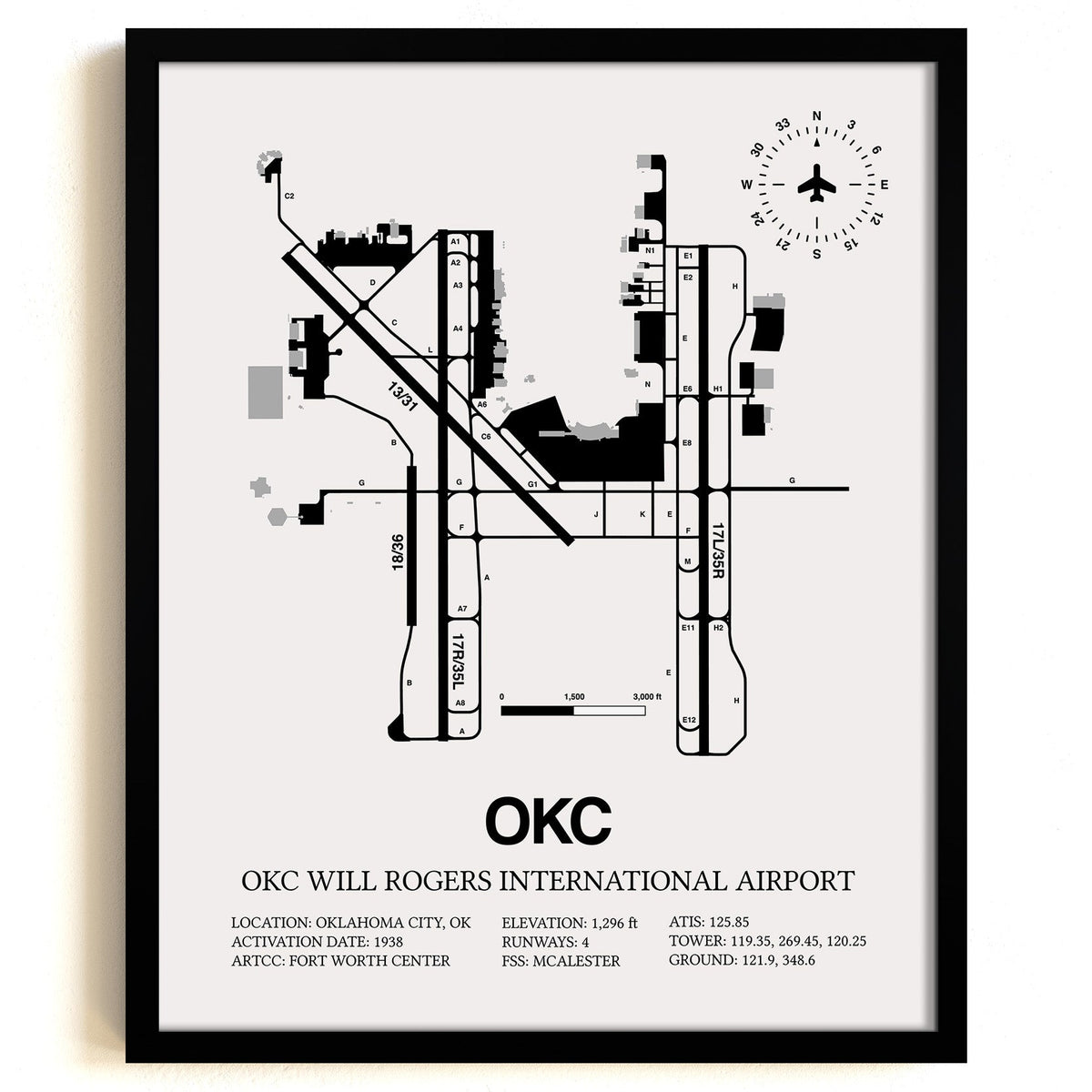 Framed Detailed Airport Map of OKC Will Rogers International Airport (OKC) in White with a Black Frame
