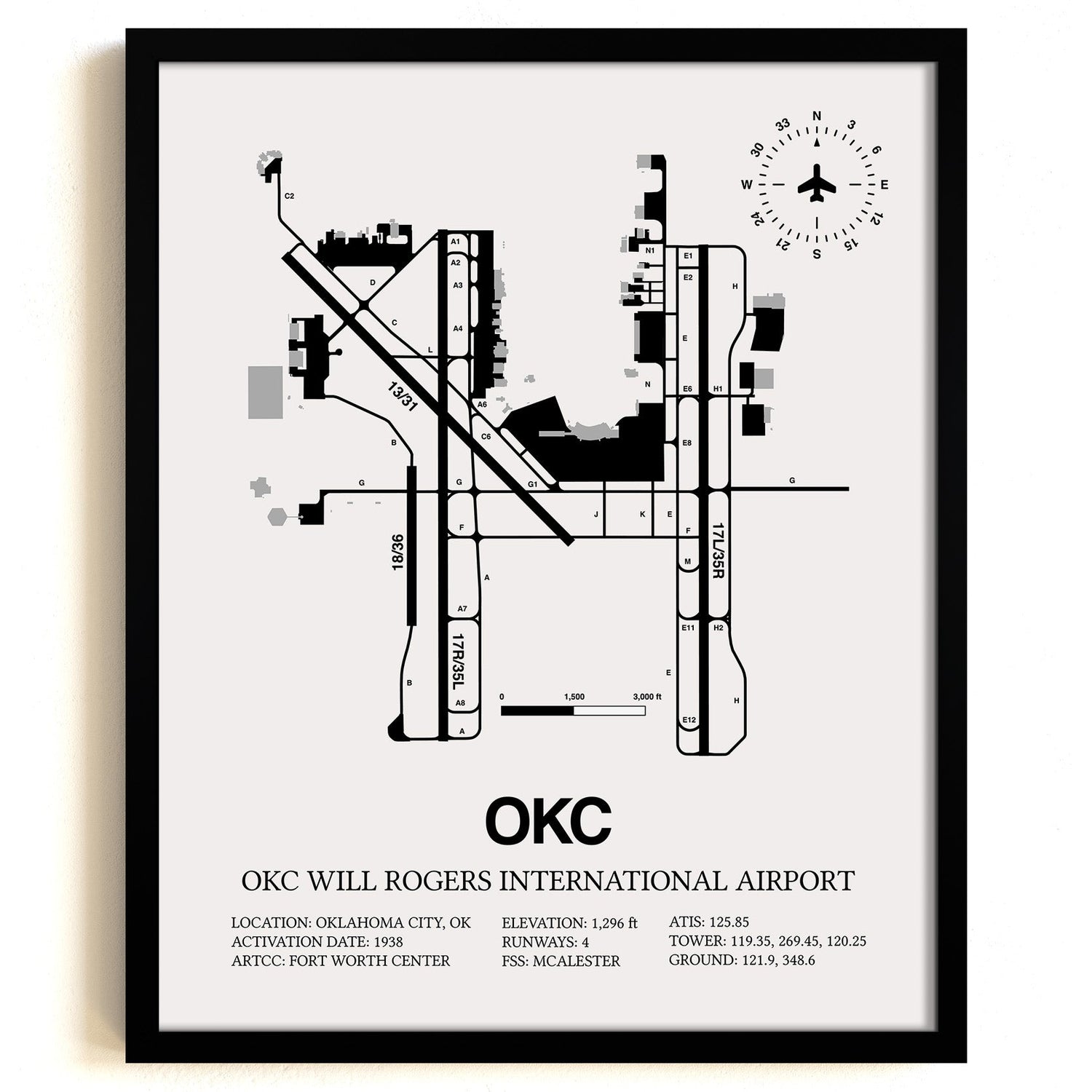 Framed Detailed Airport Map of OKC Will Rogers International Airport (OKC) in White with a Black Frame