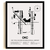 Framed Detailed Airport Map of OKC Will Rogers International Airport (OKC) in White with a Black Frame