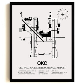 Framed Detailed Airport Map of OKC Will Rogers International Airport (OKC) in White with a Black Frame