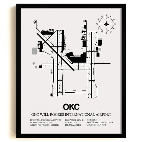 Framed Detailed Airport Map of OKC Will Rogers International Airport (OKC) in White with a Black Frame