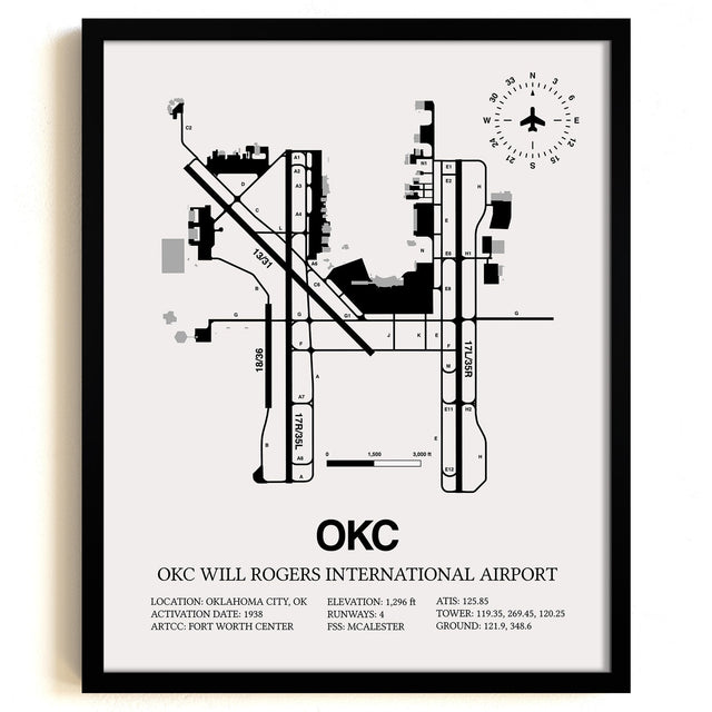 Framed Detailed Airport Map of OKC Will Rogers International Airport (OKC) in White with a Black Frame