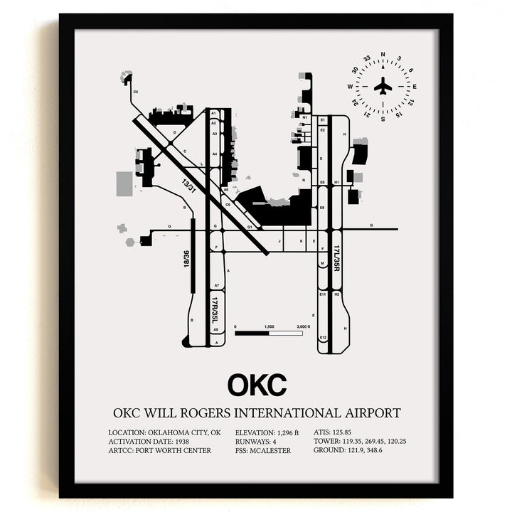 Framed Detailed Airport Map of OKC Will Rogers International Airport (OKC) in White with a Black Frame