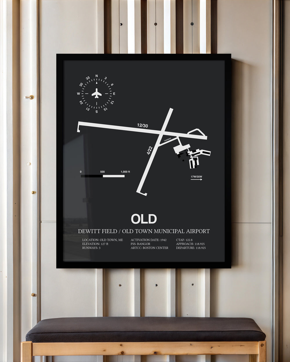 Framed Detailed Airport Map of Dewitt Field / Old Town Municipal Airport (OLD) in Gray with a Black Frame