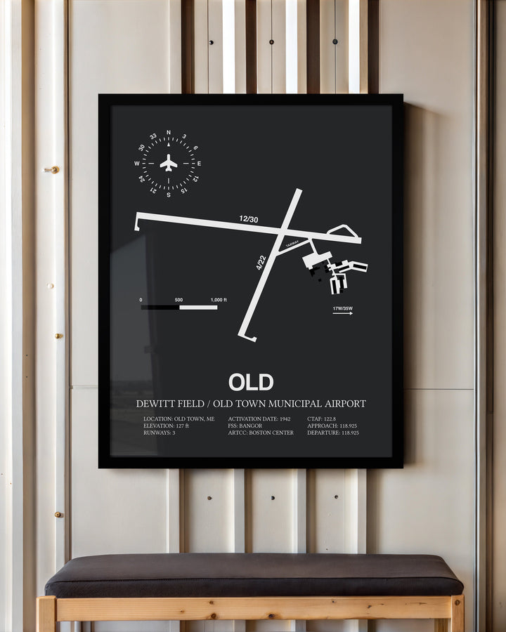 Framed Detailed Airport Map of Dewitt Field / Old Town Municipal Airport (OLD) in Gray with a Black Frame