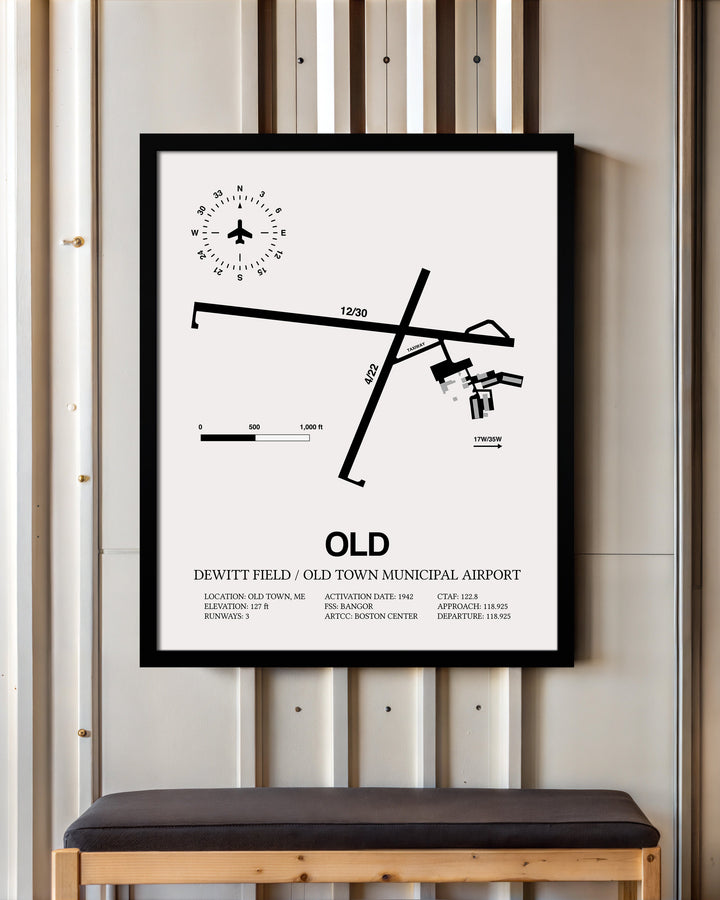 Framed Detailed Airport Map of Dewitt Field / Old Town Municipal Airport (OLD) in White with a Black Frame