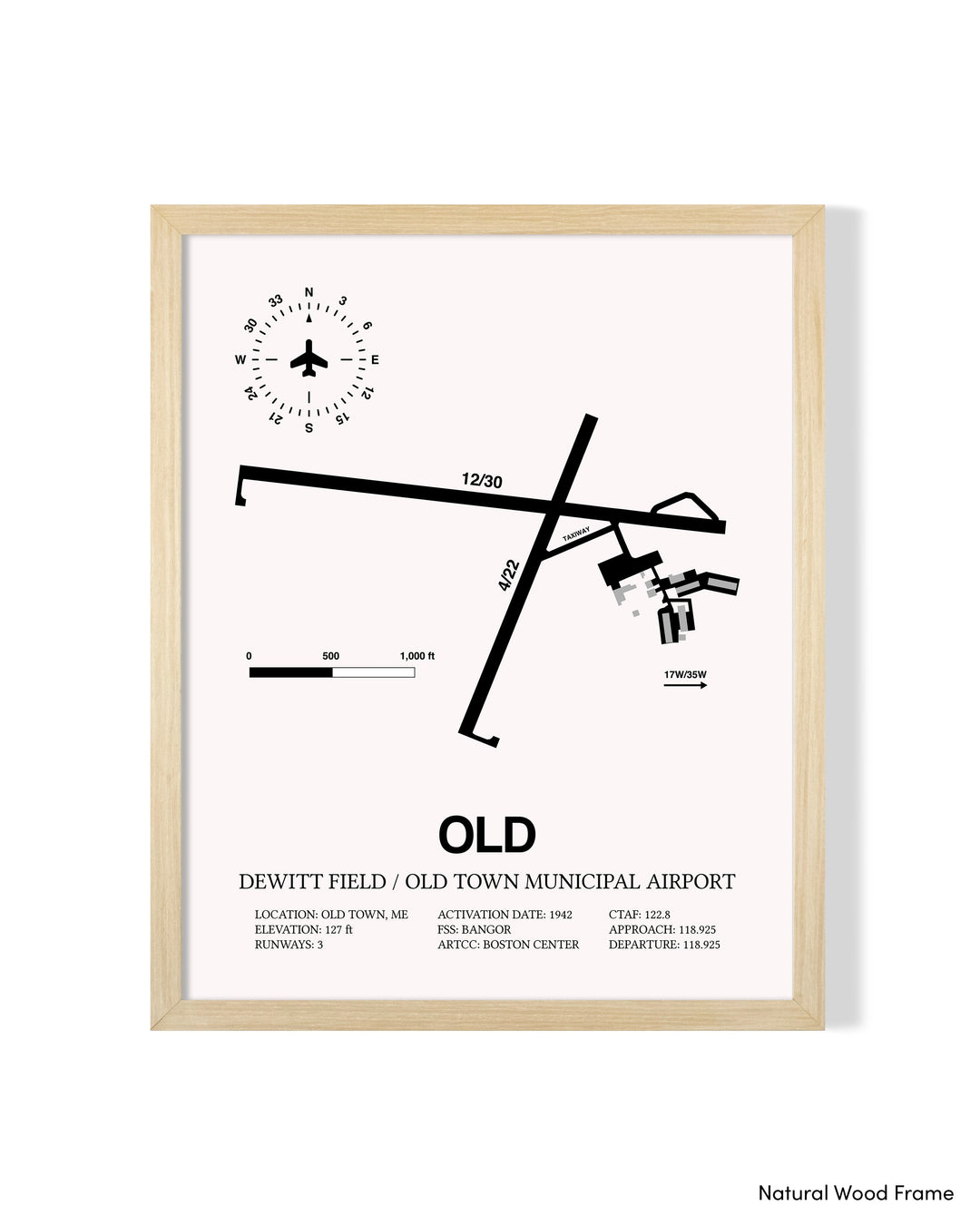 Detailed Airport Map of Dewitt Field / Old Town Municipal Airport (OLD) in White with a Natural Frame