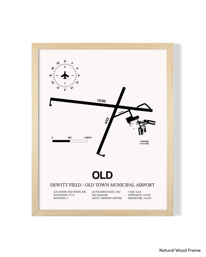 Detailed Airport Map of Dewitt Field / Old Town Municipal Airport (OLD) in White with a Natural Frame