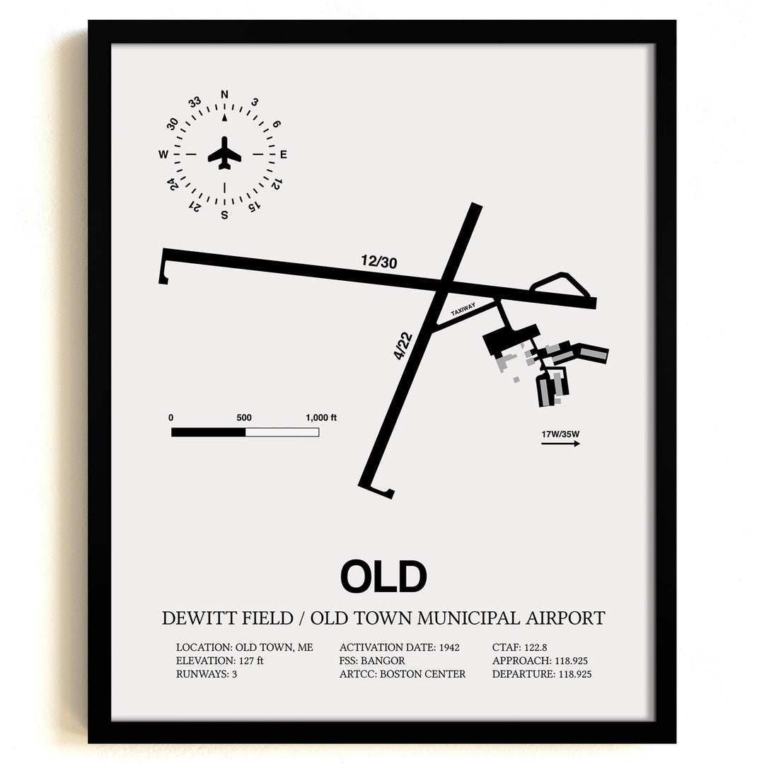 Framed Detailed Airport Map of Dewitt Field / Old Town Municipal Airport (OLD) in White with a Black Frame