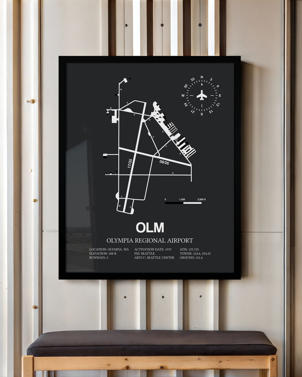 Framed Detailed Airport Map of Olympia Regional Airport (OLM) in Gray with a Black Frame